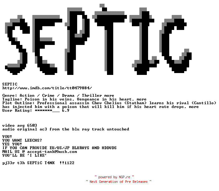 NFO for the release Crank.2006.720p.DVD5.BluRay.x264-SEPTiC by SEPTiC