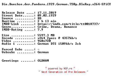 NFO for the release Die.Buechse.der.Pandora.1929.German.720p.BluRay.x264-SPiCY by SPiCY