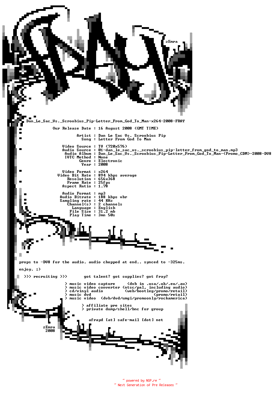 NFO for the release Dan_Le_Sac_Vs._Scroobius_Pip-Letter_From_God_To_Man-x264-2008-FRAY by FRAY