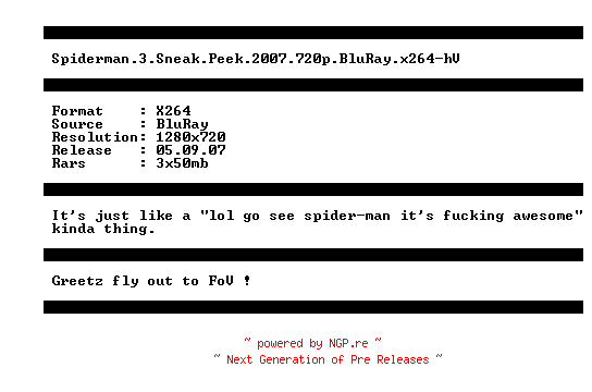 NFO for the release Spiderman.3.Sneak.Peek.2007.720p.BluRay.x264-hV by hV