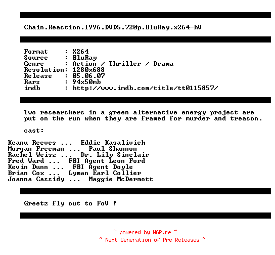 NFO for the release Chain.Reaction.1996.DVD5.720p.BluRay.x264-hV by hV