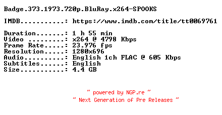NFO for the release Badge.373.1973.720p.BluRay.x264-SPOOKS by SPOOKS