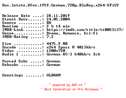 NFO for the release Das.letzte.Ufer.1959.German.720p.BluRay.x264-SPiCY by SPiCY