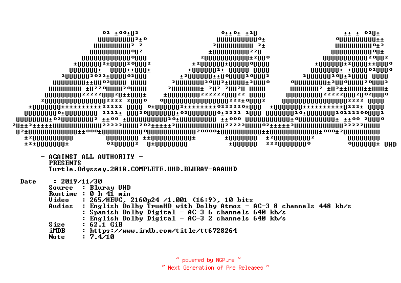 NFO for the release Turtle.Odyssey.2018.COMPLETE.UHD.BLURAY-AAAUHD by AAAUHD