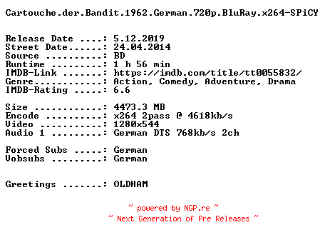 NFO for the release Cartouche.der.Bandit.1962.German.720p.BluRay.x264-SPiCY by SPiCY