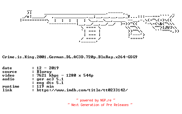 NFO for the release Crime.is.King.2001.German.DL.AC3D.720p.BluRay.x264-GSG9 by GSG9