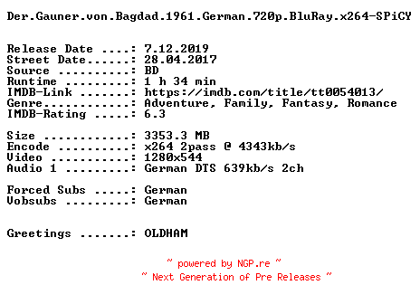 NFO for the release Der.Gauner.von.Bagdad.1961.German.720p.BluRay.x264-SPiCY by SPiCY