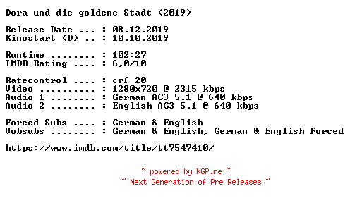 NFO for the release Dora.und.die.goldene.Stadt.2019.German.DL.720p.BluRay.x264-COiNCiDENCE by COiNCiDENCE