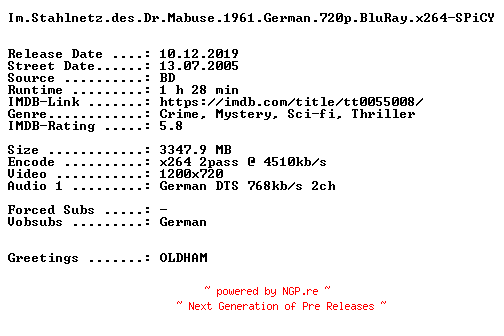 NFO for the release Im.Stahlnetz.des.Dr.Mabuse.1961.German.720p.BluRay.x264-SPiCY by SPiCY