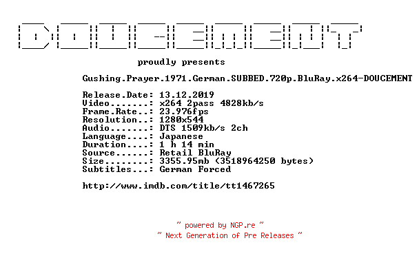 NFO for the release Gushing.Prayer.1971.German.SUBBED.720p.BluRay.x264-DOUCEMENT by DOUCEMENT