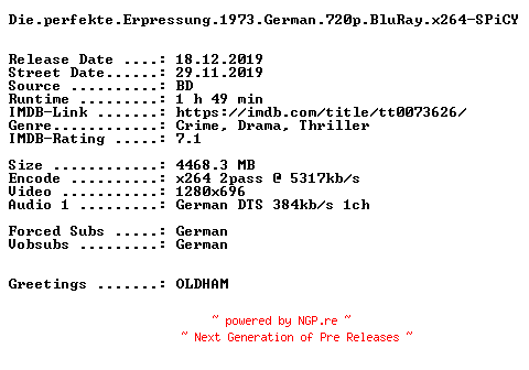 NFO for the release Die.perfekte.Erpressung.1973.German.720p.BluRay.x264-SPiCY by SPiCY
