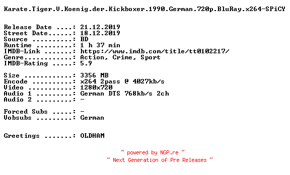 NFO for the release Karate.Tiger.V.Koenig.der.Kickboxer.1990.German.720p.BluRay.x264-SPiCY by SPiCY