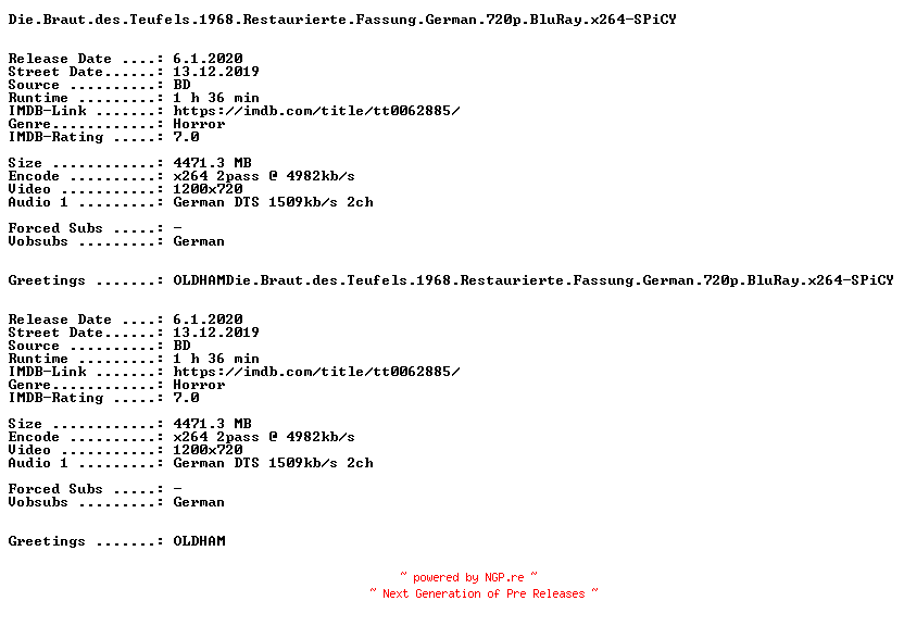 NFO for the release Die.Braut.des.Teufels.1968.Restaurierte.Fassung.German.720p.BluRay.x264-SPiCY by SPiCY