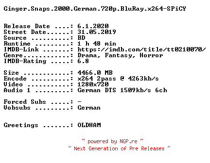 NFO for the release Ginger.Snaps.2000.German.720p.BluRay.x264-SPiCY by SPiCY