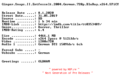 NFO for the release Ginger.Snaps.II.Entfesselt.2004.German.720p.BluRay.x264-SPiCY by SPiCY