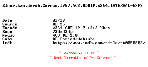 NFO for the release Einer.kam.durch.German.1957.AC3.BDRiP.x264.iNTERNAL-EXPS by EXPS