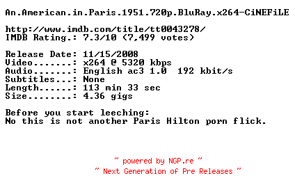 NFO for the release An.American.in.Paris.1951.720p.BluRay.x264-CiNEFiLE by CiNEFiLE