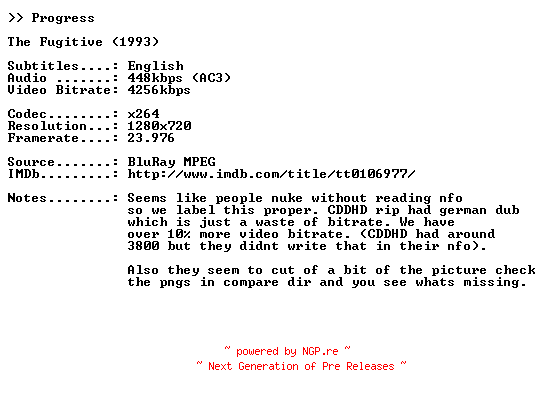 NFO for the release The.Fugitive.1993.PROPER.DVD5.720p.BLURAY.x264-PROGRESS by PROGRESS