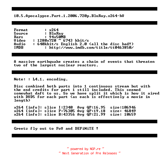 NFO for the release 10.5.Apocalypse.Part.1.2006.720p.BluRay.x264-hV by hV