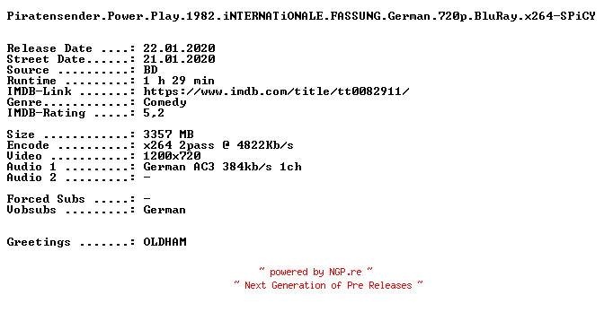 NFO for the release Piratensender.Power.Play.1982.iNTERNATiONALE.FASSUNG.German.720p.BluRay.x264-SPiCY by SPiCY