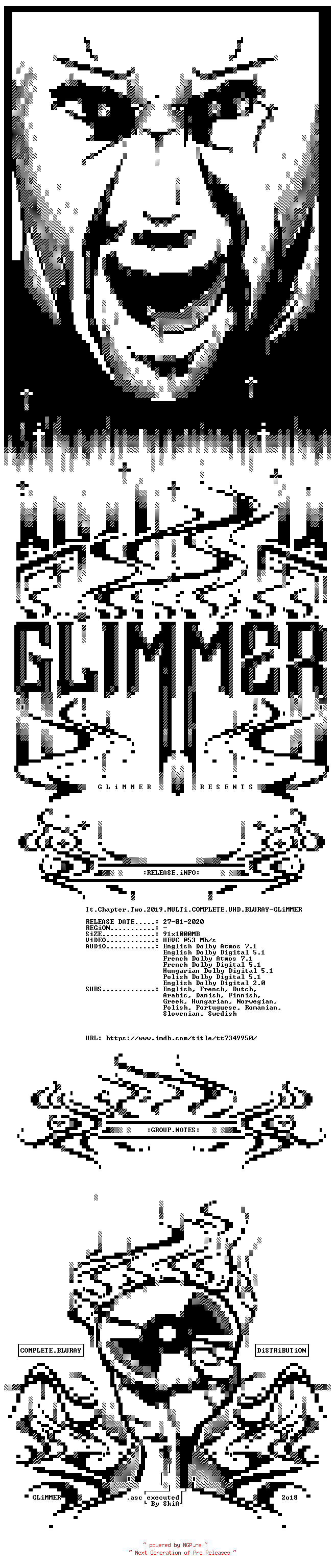 NFO for the release It.Chapter.Two.2019.MULTi.COMPLETE.UHD.BLURAY-GLiMMER by GLiMMER