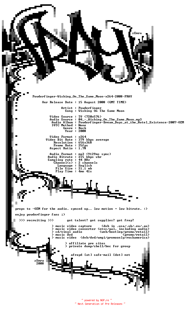 NFO for the release Powderfinger-Wishing_On_The_Same_Moon-x264-2008-FRAY by FRAY