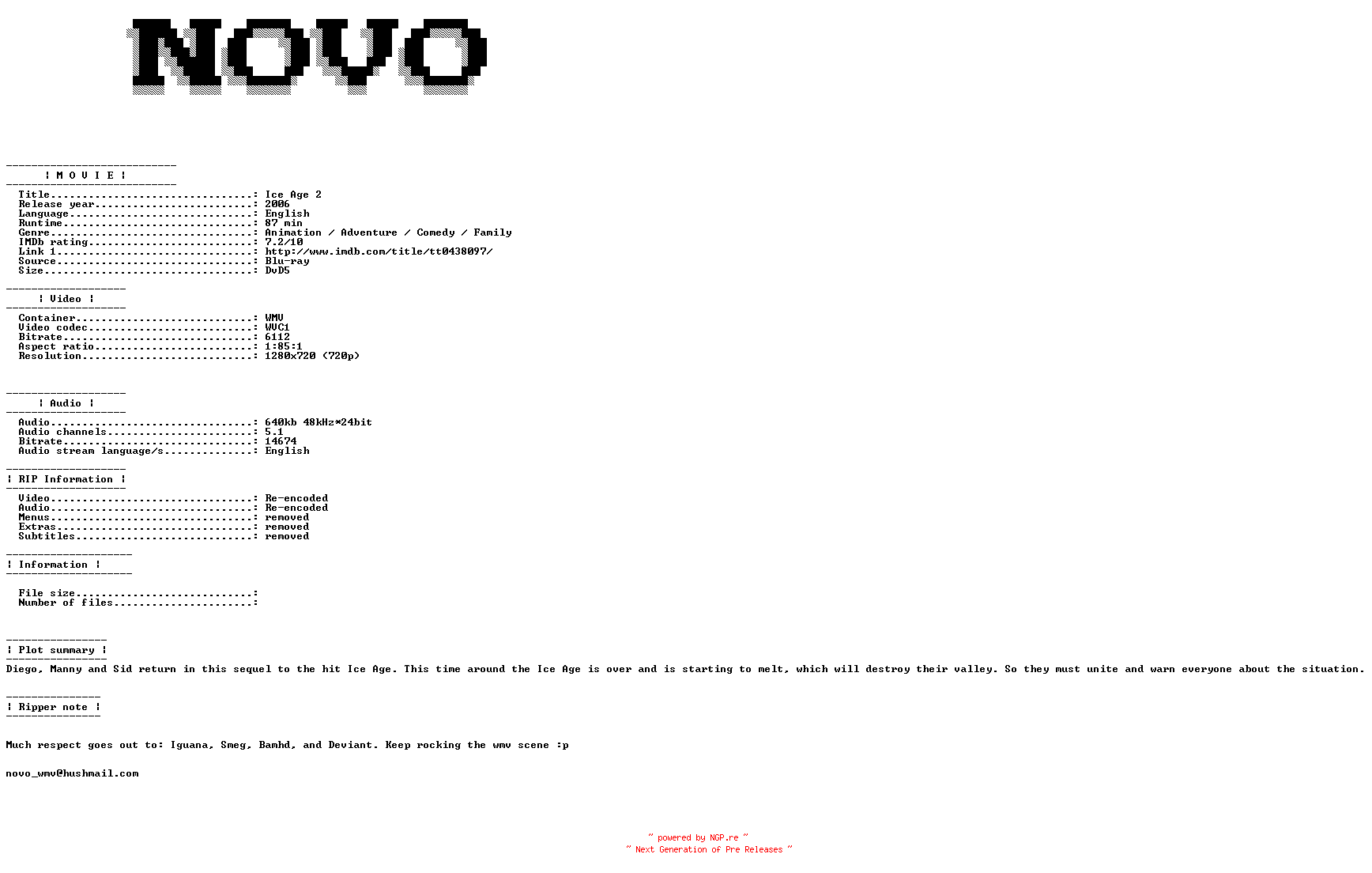 NFO for the release Ice.Age.2.2006.Bluray.VC1.720p.5.1.WMV-NOVO by NOVO
