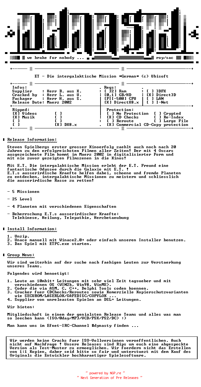 NFO for the release ET.Die.intergalaktische.Mission.GERMAN-DYNASTY by DYNASTY