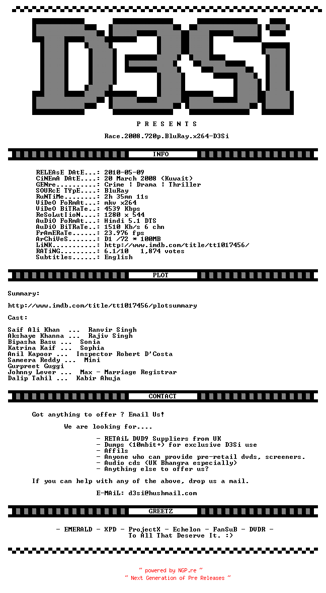 NFO for the release Race.2008.720p.iNT.BluRay.x264-D3Si by D3Si