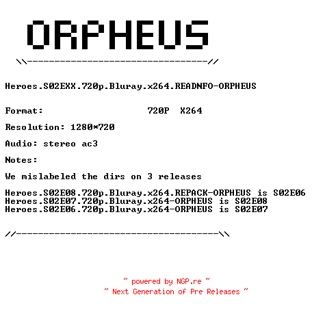 NFO for the release Heroes.S02EXX.720p.Bluray.x264.READNFO-ORPHEUS by ORPHEUS