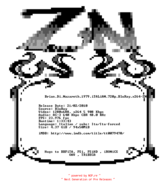 NFO for the release Brian.Di.Nazareth.1979.iTALiAN.720p.BluRay.x264-ZN by ZN