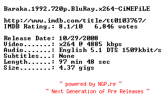 NFO for the release Baraka.1992.720p.BluRay.x264-CiNEFiLE by CiNEFiLE