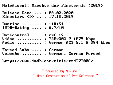 NFO for the release Maleficent.Maechte.der.Finsternis.German.2019.AC3.BDRip.x264-COiNCiDENCE by COiNCiDENCE