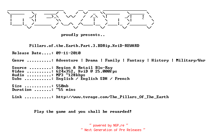 NFO for the release Pillars.of.the.Earth.Part.3.BDRip.XviD-REWARD by REWARD
