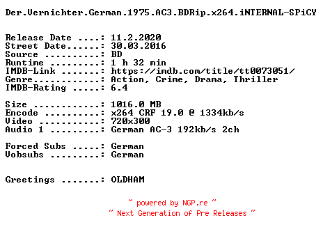 NFO for the release Der.Vernichter.German.1975.AC3.BDRip.x264.iNTERNAL-SPiCY by SPiCY