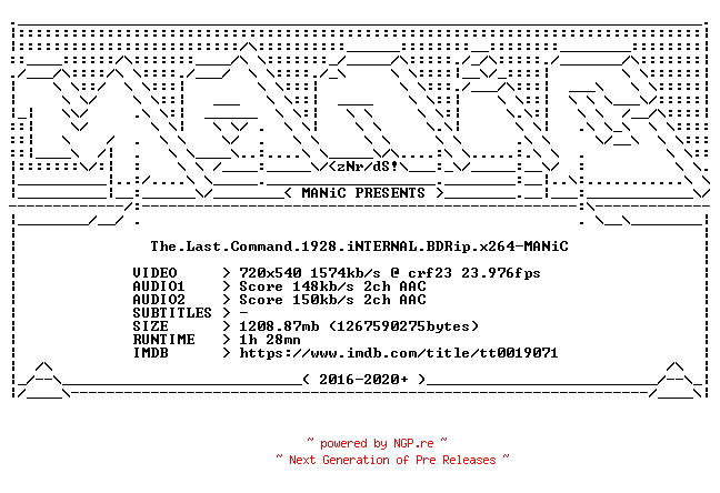 NFO for the release The.Last.Command.1928.iNTERNAL.BDRip.x264-MANiC by MANiC