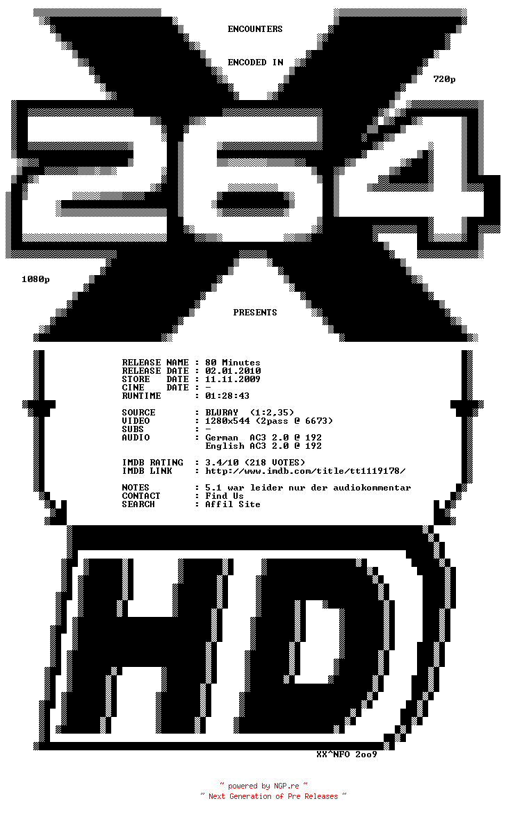NFO for the release 80.Minutes.2008.German.DL.720p.BluRay.x264-ENCOUNTERS by ENCOUNTERS