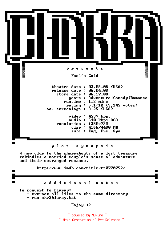 NFO for the release Fools.Gold.720p.Bluray.x264-Chakra by Chakra