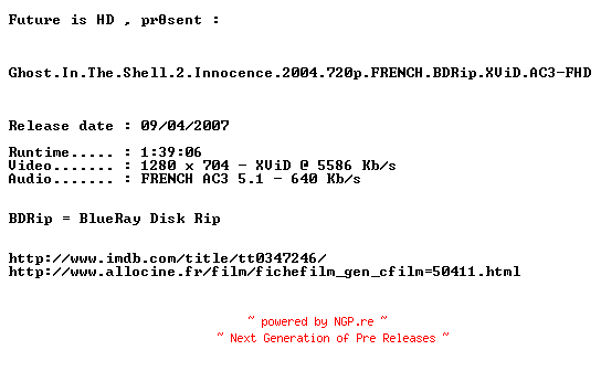 NFO for the release Ghost.In.The.Shell.2.Innocence.2004.720p.FRENCH.BDRip.XViD.AC3-FHD by FHD