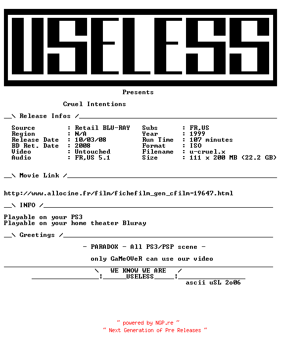 NFO for the release Cruel.Intensions.1999.MULTI.BLURAY-USELESS by USELESS
