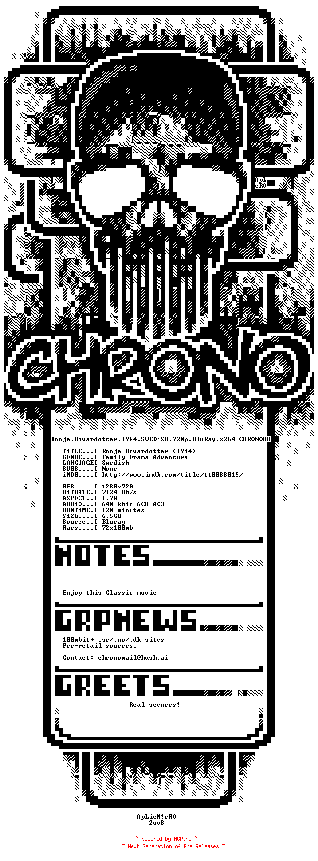 NFO for the release Ronja.Rovardotter.1984.NORDIC.720p.BluRay.x264-CHRONOHD by CHRONOHD