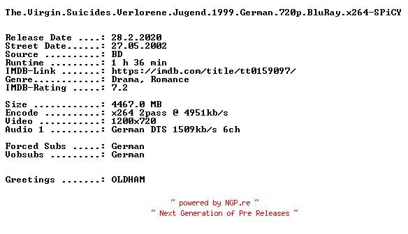 NFO for the release The.Virgin.Suicides.Verlorene.Jugend.1999.German.720p.BluRay.x264-SPiCY by SPiCY