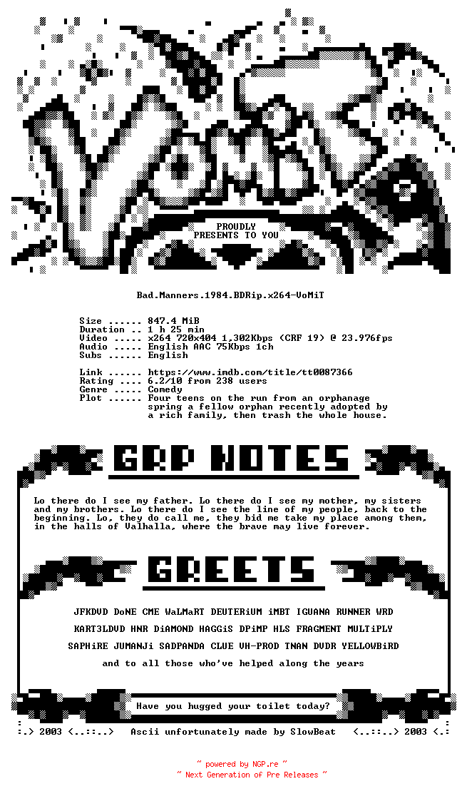 NFO for the release Bad.Manners.1984.BDRip.x264-VoMiT by VoMiT