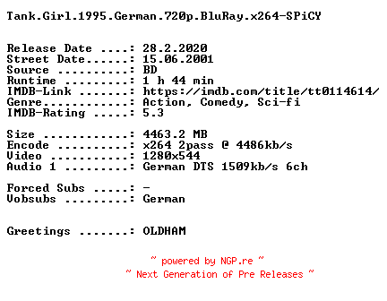 NFO for the release Tank.Girl.1995.German.720p.BluRay.x264-SPiCY by SPiCY