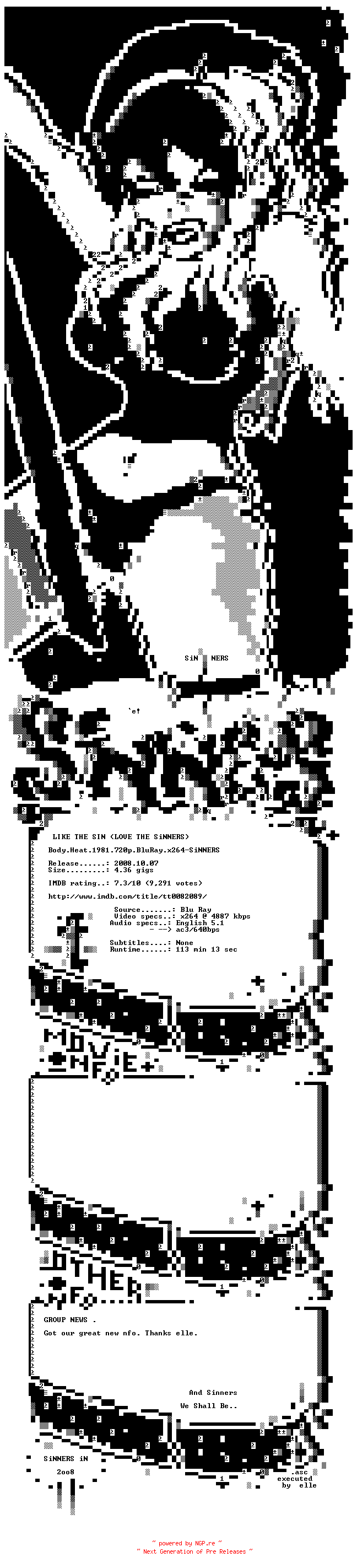 NFO for the release Body.Heat.1981.720p.BluRay.x264-SiNNERS by SiNNERS