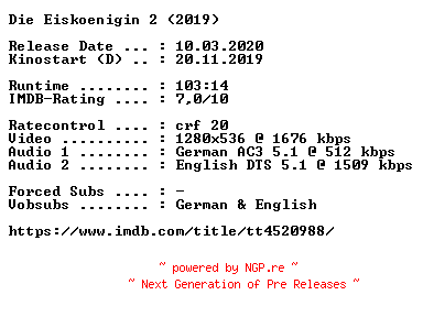 NFO for the release Die.Eiskoenigin.2.2019.German.DL.720p.BluRay.x264-COiNCiDENCE by COiNCiDENCE