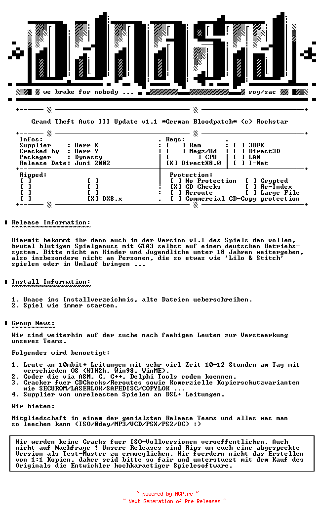 NFO for the release Grand.Theft.Auto.3.Update.v1.1.Bloodpatch.GERMAN-DYNASTY by DYNASTY