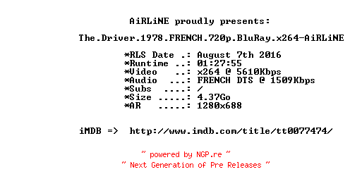 NFO for the release The.Driver.1978.FRENCH.720p.BluRay.x264-AiRLiNE by AiRLiNE