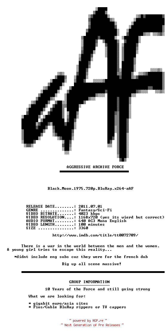 NFO for the release Black.Moon.1975.720p.BluRay.x264-aAF by aAF