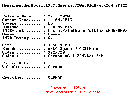 NFO for the release Menschen.im.Hotel.1959.German.720p.BluRay.x264-SPiCY by SPiCY